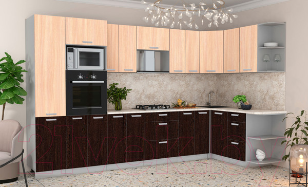 Изображение товара Кухонный гарнитур Интерлиния Мила Лайт 1.68x3.4 правая (дуб молочный/дуб венге/опал светлый)