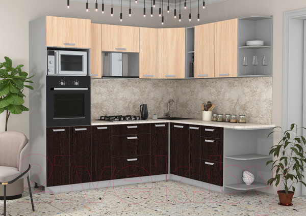 Изображение товара Кухонный гарнитур Интерлиния Мила Лайт 1.88x2.4 правая (дуб молочный/дуб венге/опал светлый)