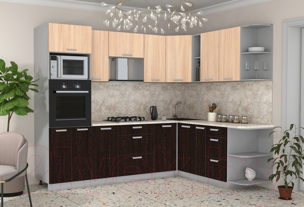 Изображение товара Кухонный гарнитур Интерлиния Мила Лайт 1.88x2.6 правая (дуб молочный/дуб венге/опал светлый)