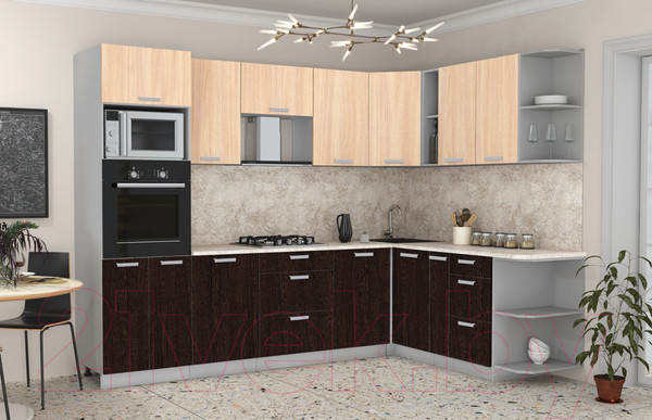 Изображение товара Кухонный гарнитур Интерлиния Мила Лайт 1.88x2.8 правая (дуб молочный/дуб венге/опал светлый)