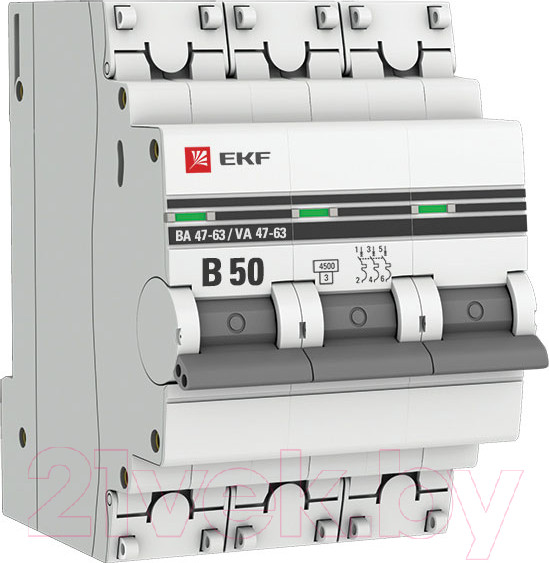 Изображение товара Выключатель автоматический EKF PROxima ВА 47-63 3P 50А (В) 4.5kA / mcb4763-3-50B-pro