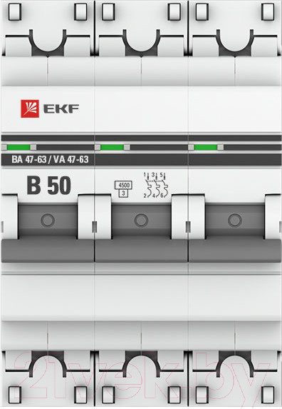Изображение товара Выключатель автоматический EKF PROxima ВА 47-63 3P 50А (В) 4.5kA / mcb4763-3-50B-pro