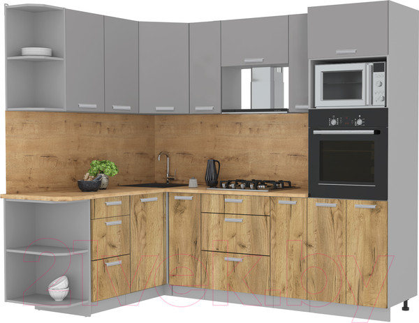 Изображение товара Кухонный гарнитур Интерлиния Мила Лайт 1.68x2.4 левая (серебристый/дуб золотой/дуб бунратти)
