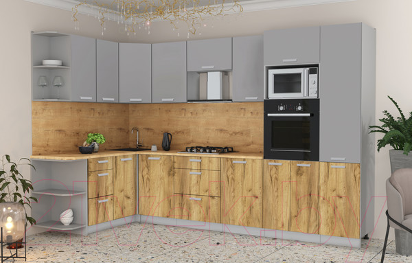 Изображение товара Кухонный гарнитур Интерлиния Мила Лайт 1.68x3.2 левая (серебристый/дуб золотой/дуб бунратти)