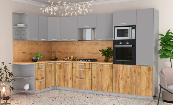 Изображение товара Кухонный гарнитур Интерлиния Мила Лайт 1.68x3.4 левая (серебристый/дуб золотой/дуб бунратти)