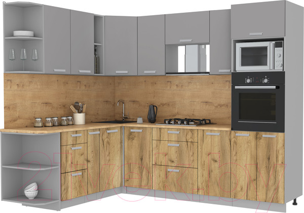 Изображение товара Кухонный гарнитур Интерлиния Мила Лайт 1.88x2.6 левая (серебристый/дуб золотой/дуб бунратти)