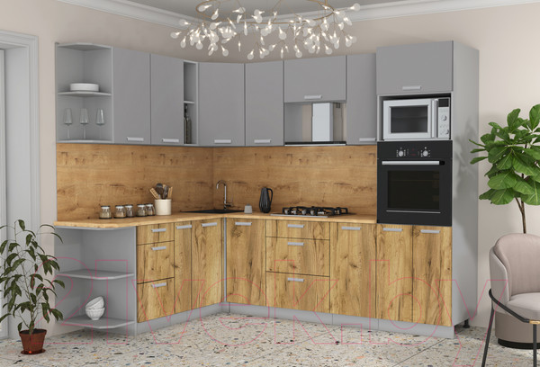 Изображение товара Кухонный гарнитур Интерлиния Мила Лайт 1.88x2.6 левая (серебристый/дуб золотой/дуб бунратти)