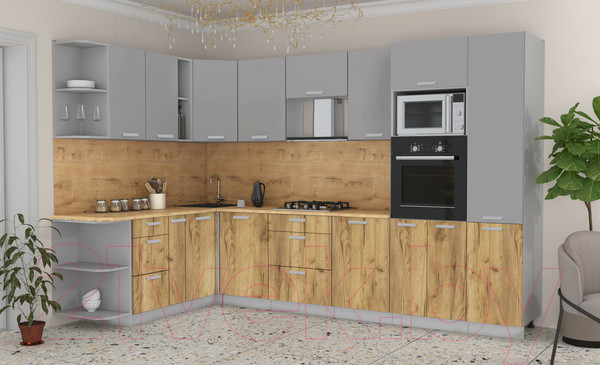 Изображение товара Кухонный гарнитур Интерлиния Мила Лайт 1.88x3.2 левая (серебристый/дуб золотой/дуб бунратти)