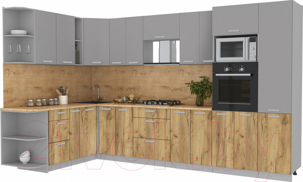 Изображение товара Кухонный гарнитур Интерлиния Мила Лайт 1.88x3.4 левая (серебристый/дуб золотой/дуб бунратти)