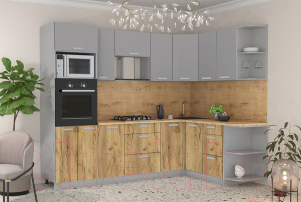 Изображение товара Кухонный гарнитур Интерлиния Мила Лайт 1.68x2.6 правая (серебристый/дуб золотой/дуб бунратти)