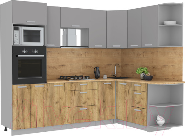 Изображение товара Кухонный гарнитур Интерлиния Мила Лайт 1.68x2.6 правая (серебристый/дуб золотой/дуб бунратти)