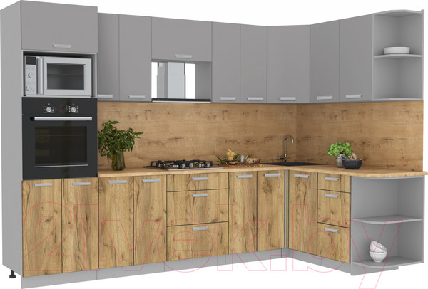 Изображение товара Кухонный гарнитур Интерлиния Мила Лайт 1.68x3.0 правая (серебристый/дуб золотой/дуб бунратти)