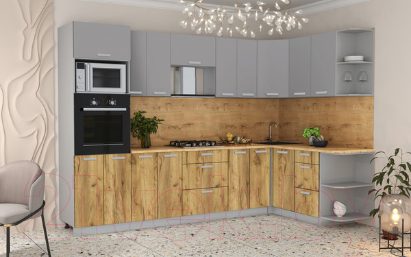 Изображение товара Кухонный гарнитур Интерлиния Мила Лайт 1.68x3.0 правая (серебристый/дуб золотой/дуб бунратти)