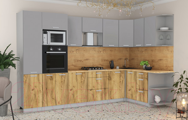 Изображение товара Кухонный гарнитур Интерлиния Мила Лайт 1.68x3.2 правая (серебристый/дуб золотой/дуб бунратти)