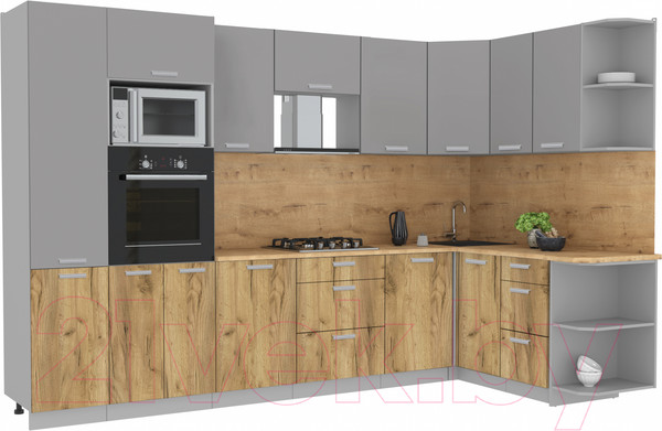 Изображение товара Кухонный гарнитур Интерлиния Мила Лайт 1.68x3.2 правая (серебристый/дуб золотой/дуб бунратти)