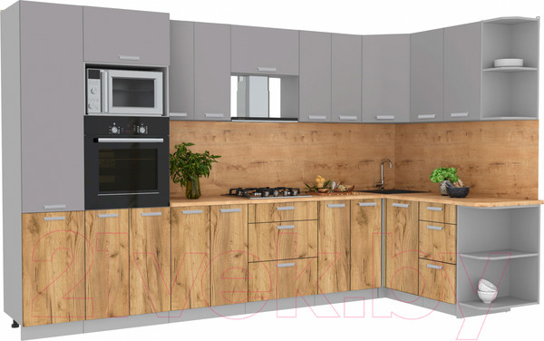 Изображение товара Кухонный гарнитур Интерлиния Мила Лайт 1.68x3.4 правая (серебристый/дуб золотой/дуб бунратти)