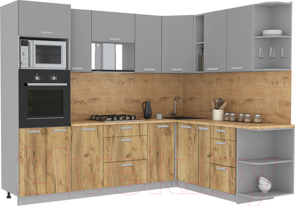 Изображение товара Кухонный гарнитур Интерлиния Мила Лайт 1.88x2.6 правая (серебристый/дуб золотой/дуб бунратти)