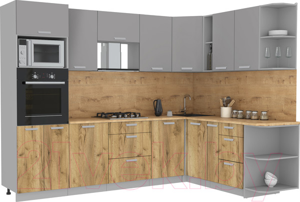 Изображение товара Кухонный гарнитур Интерлиния Мила Лайт 1.88x2.8 правая (серебристый/дуб золотой/дуб бунратти)