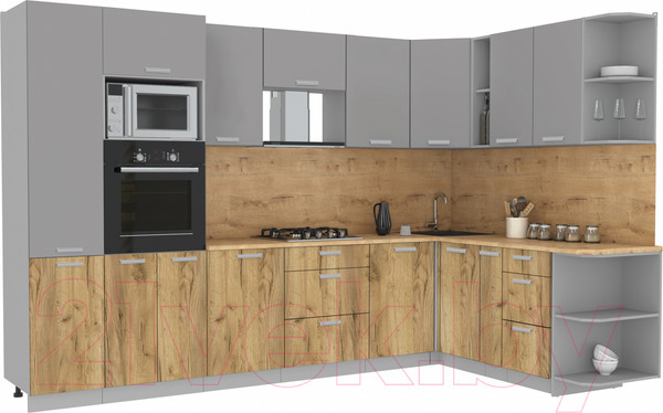 Изображение товара Кухонный гарнитур Интерлиния Мила Лайт 1.88x3.2 правая (серебристый/дуб золотой/дуб бунратти)