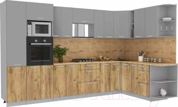 Изображение товара Кухонный гарнитур Интерлиния Мила Лайт 1.88x3.4 правая (серебристый/дуб золотой/дуб бунратти)