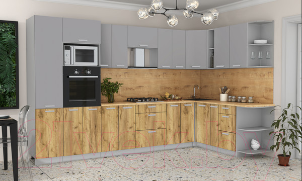 Изображение товара Кухонный гарнитур Интерлиния Мила Лайт 1.88x3.4 правая (серебристый/дуб золотой/дуб бунратти)