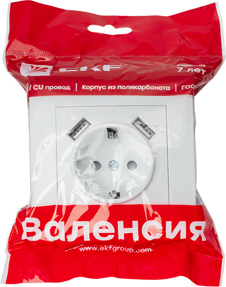 Изображение товара Розетка EKF PROxima Валенсия / EWR16-028-10-2USB (белый)