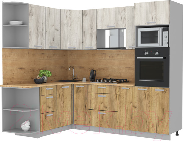 Изображение товара Кухонный гарнитур Интерлиния Мила Лайт 1.68x2.4 левая (дуб белый/дуб золотой/дуб бунратти)