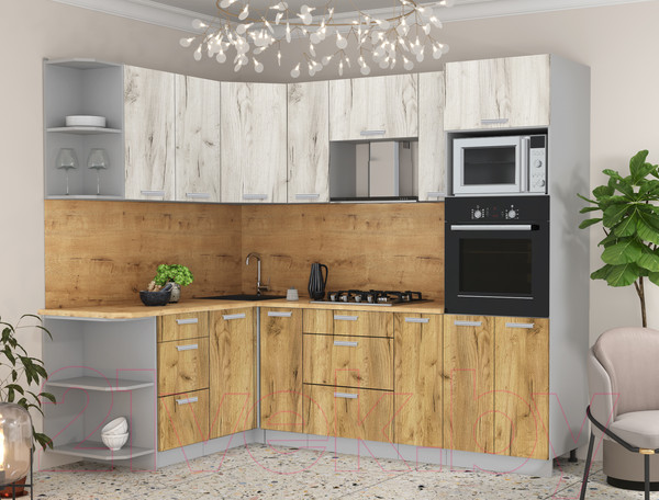 Изображение товара Кухонный гарнитур Интерлиния Мила Лайт 1.68x2.4 левая (дуб белый/дуб золотой/дуб бунратти)