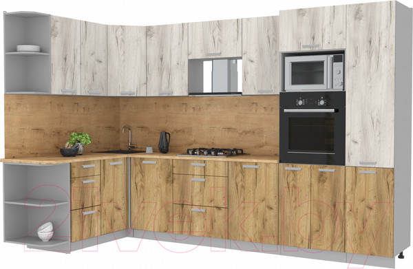 Изображение товара Кухонный гарнитур Интерлиния Мила Лайт 1.68x3.2 левая (дуб белый/дуб золотой/дуб бунратти)