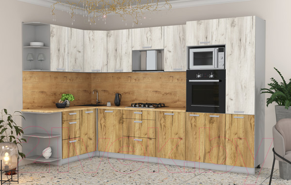 Изображение товара Кухонный гарнитур Интерлиния Мила Лайт 1.68x3.2 левая (дуб белый/дуб золотой/дуб бунратти)