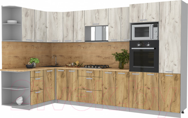 Изображение товара Кухонный гарнитур Интерлиния Мила Лайт 1.68x3.4 левая (дуб белый/дуб золотой/дуб бунратти)