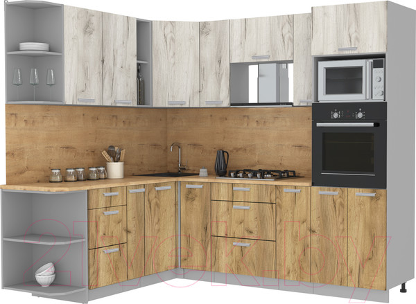 Изображение товара Кухонный гарнитур Интерлиния Мила Лайт 1.88x2.4 левая (дуб белый/дуб золотой/дуб бунратти)