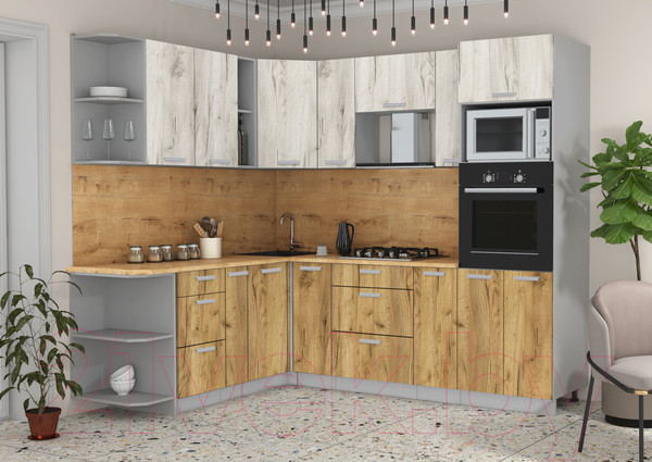 Изображение товара Кухонный гарнитур Интерлиния Мила Лайт 1.88x2.4 левая (дуб белый/дуб золотой/дуб бунратти)