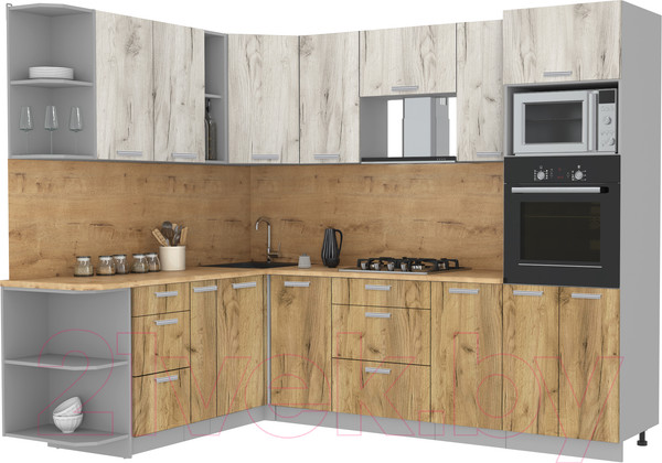 Изображение товара Кухонный гарнитур Интерлиния Мила Лайт 1.88x2.6 левая (дуб белый/дуб золотой/дуб бунратти)