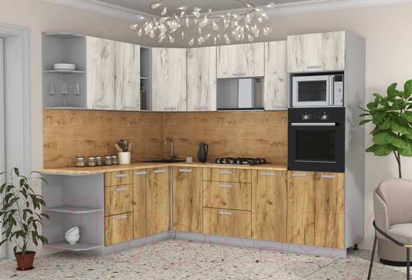 Изображение товара Кухонный гарнитур Интерлиния Мила Лайт 1.88x2.6 левая (дуб белый/дуб золотой/дуб бунратти)