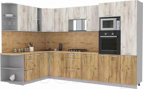 Изображение товара Кухонный гарнитур Интерлиния Мила Лайт 1.88x3.2 левая (дуб белый/дуб золотой/дуб бунратти)