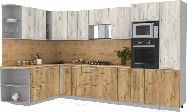 Изображение товара Кухонный гарнитур Интерлиния Мила Лайт 1.88x3.4 левая (дуб белый/дуб золотой/дуб бунратти)