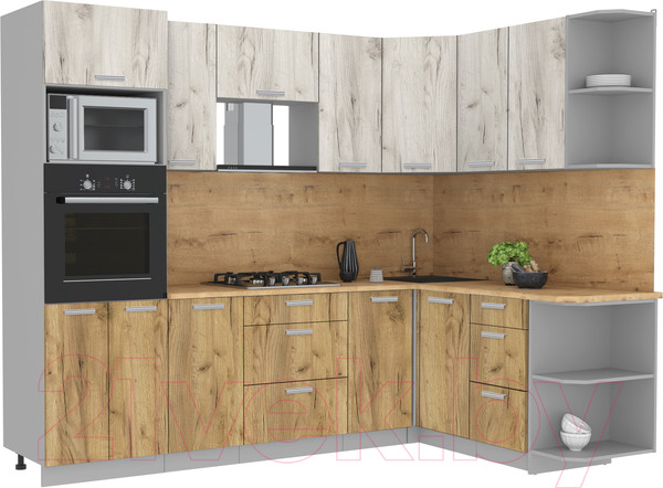 Изображение товара Кухонный гарнитур Интерлиния Мила Лайт 1.68x2.6 правая (дуб белый/дуб золотой/дуб бунратти)