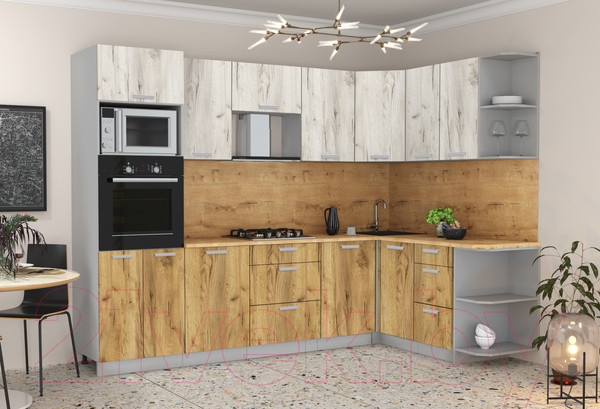 Изображение товара Кухонный гарнитур Интерлиния Мила Лайт 1.68x2.8 правая (дуб белый/дуб золотой/дуб бунратти)