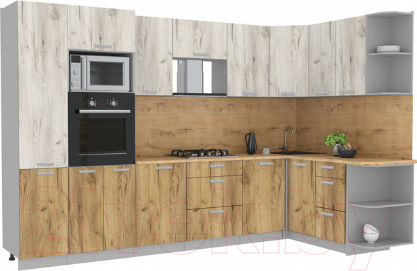 Изображение товара Кухонный гарнитур Интерлиния Мила Лайт 1.68x3.2 правая (дуб белый/дуб золотой/дуб бунратти)