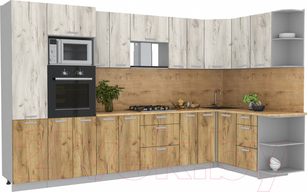 Изображение товара Кухонный гарнитур Интерлиния Мила Лайт 1.68x3.4 правая (дуб белый/дуб золотой/дуб бунратти)