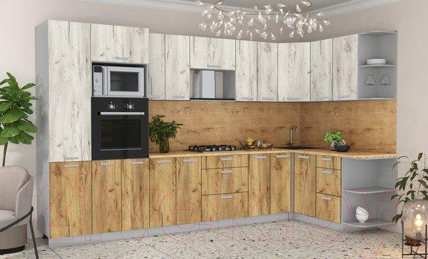 Изображение товара Кухонный гарнитур Интерлиния Мила Лайт 1.68x3.4 правая (дуб белый/дуб золотой/дуб бунратти)