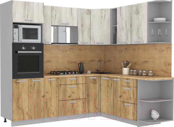 Изображение товара Кухонный гарнитур Интерлиния Мила Лайт 1.88x2.4 правая (дуб белый/дуб золотой/дуб бунратти)