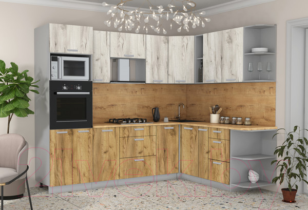 Изображение товара Кухонный гарнитур Интерлиния Мила Лайт 1.88x2.6 правая (дуб белый/дуб золотой/дуб бунратти)