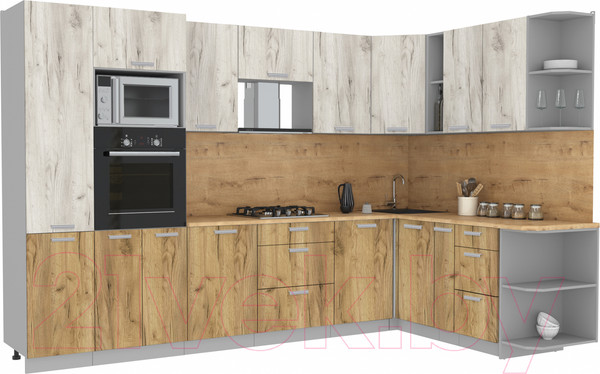 Изображение товара Кухонный гарнитур Интерлиния Мила Лайт 1.88x3.2 правая (дуб белый/дуб золотой/дуб бунратти)