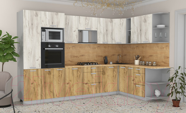 Изображение товара Кухонный гарнитур Интерлиния Мила Лайт 1.88x3.2 правая (дуб белый/дуб золотой/дуб бунратти)