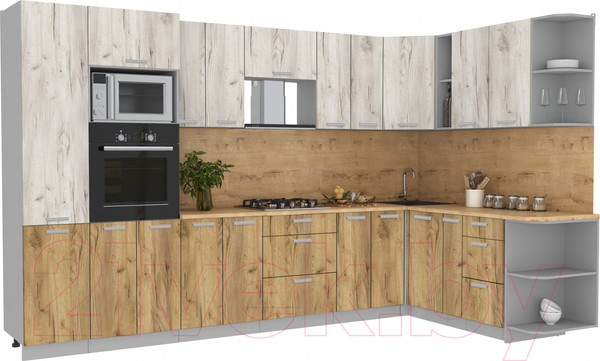 Изображение товара Кухонный гарнитур Интерлиния Мила Лайт 1.88x3.4 правая (дуб белый/дуб золотой/дуб бунратти)