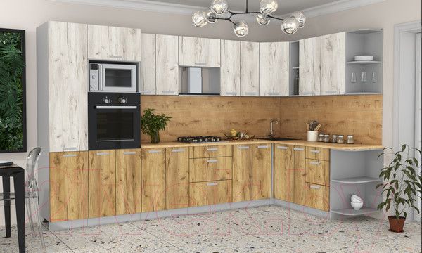 Изображение товара Кухонный гарнитур Интерлиния Мила Лайт 1.88x3.4 правая (дуб белый/дуб золотой/дуб бунратти)