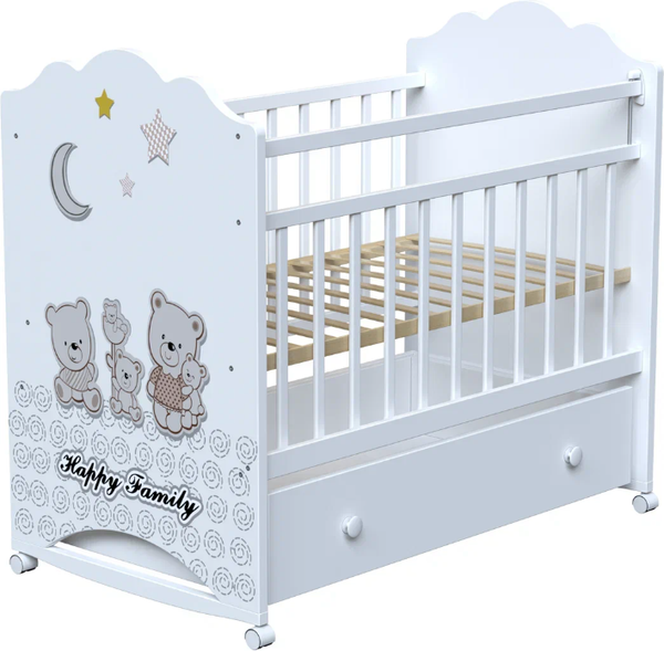 Изображение товара Детская кроватка VDK Happy Family колесо-качалка с ящиком (белый)
