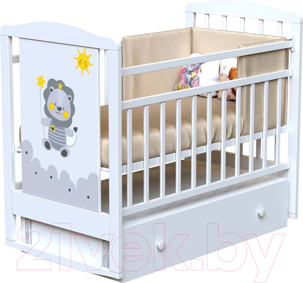 Изображение товара Детская кроватка VDK Happy Lion колесо-качалка с ящиком (белый)
